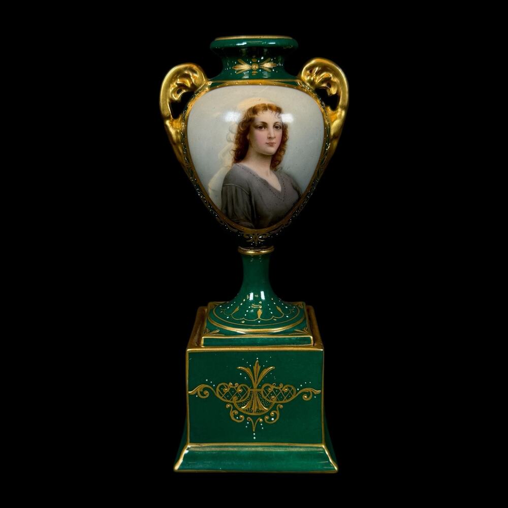 Antique Royal Vienna Portrait Urn Vase Hand Painted Lady Green/Gold signed RUTH